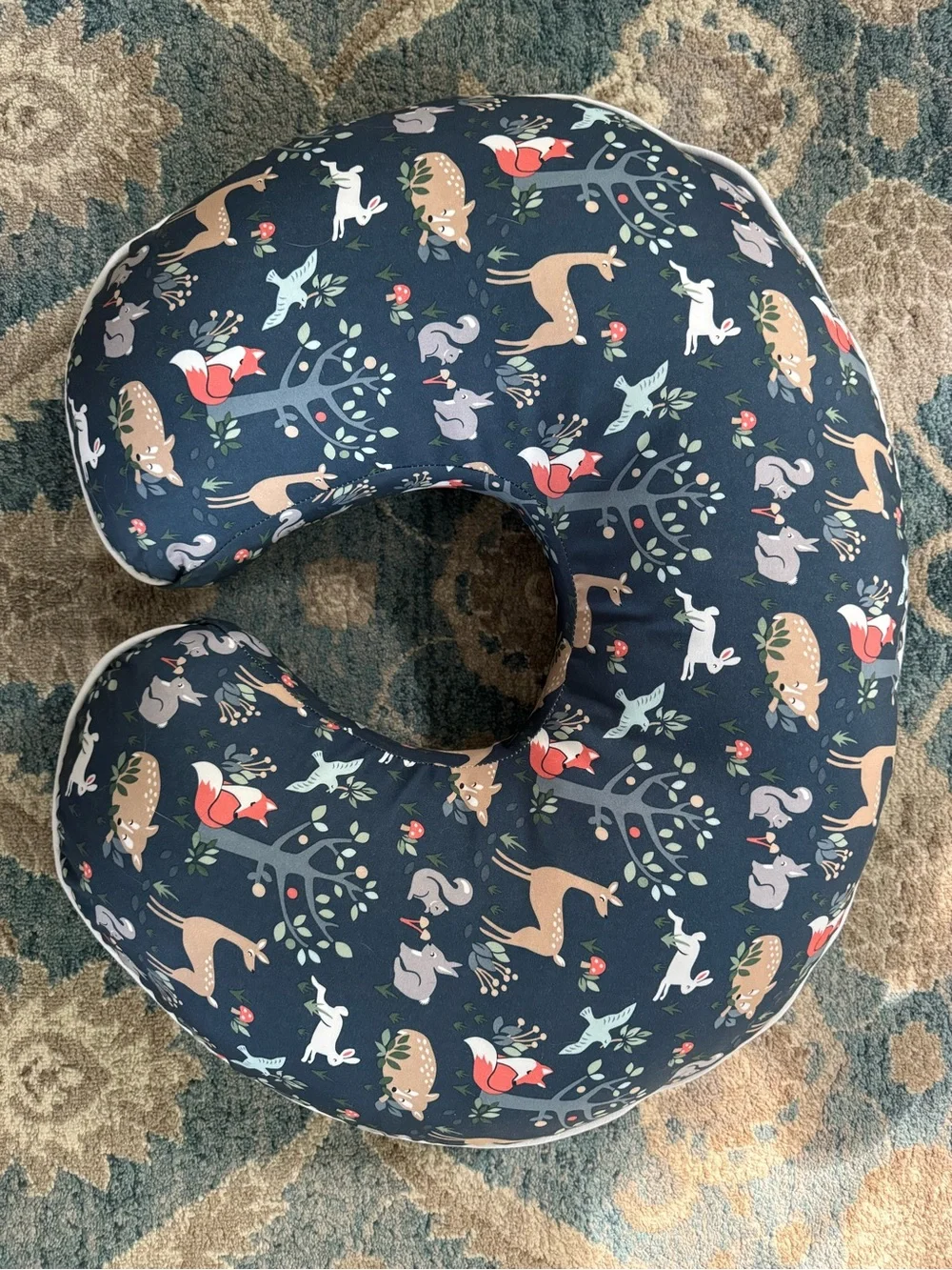 Boppy Pillow in Navy with Woodland Print + 2 Extra Covers + 2 Waterproof Liners
